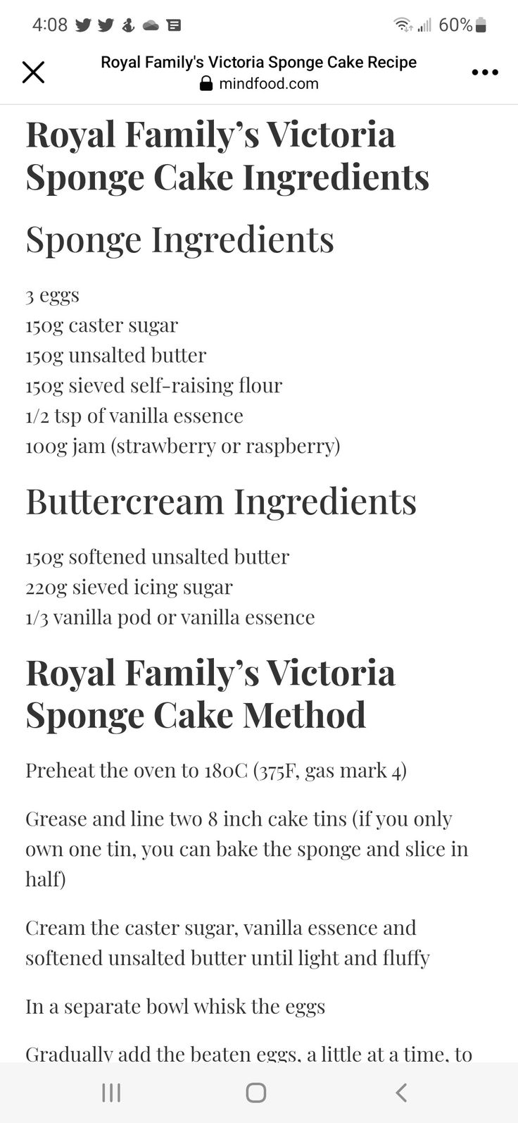 the royal family's victoria sponge cake ingredients page on an iphone screen, with text below