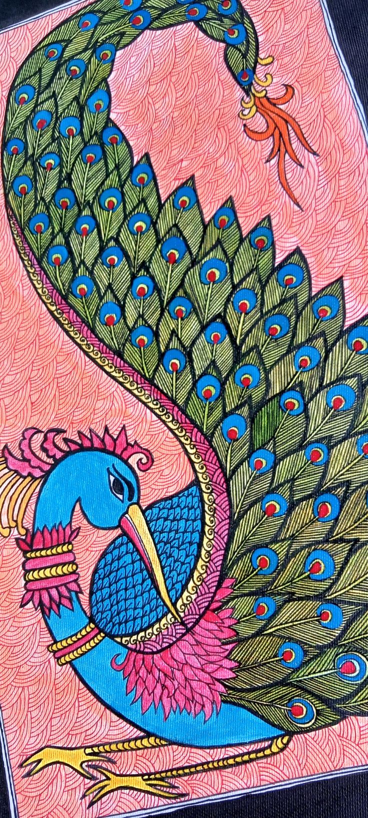 a painting of a peacock on a pink background