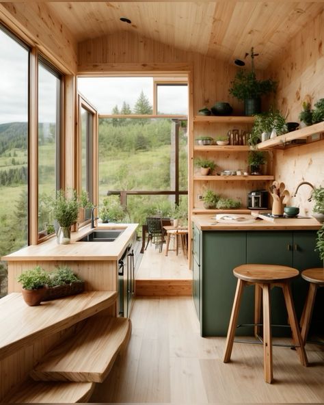 a kitchen with wooden walls and shelves filled with potted plants next to a window