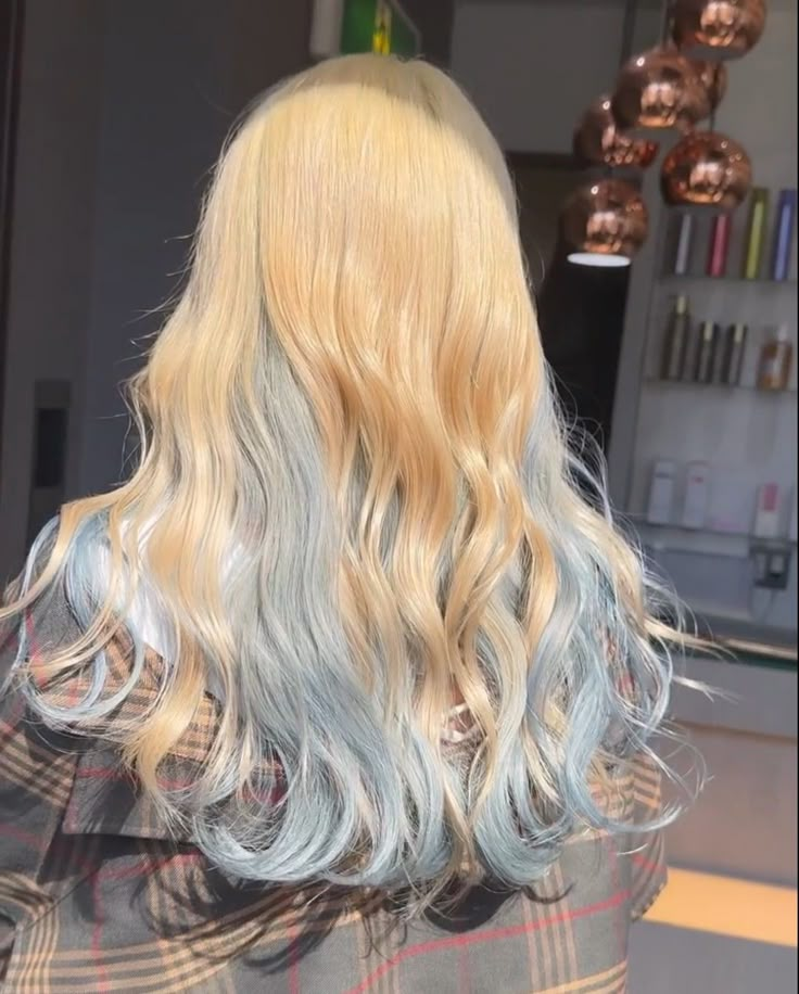 Blue Hair On Blond Hair, Blue Hair Color Ideas For Blondes, Natural Blonde Aesthetic, Pastel Blue And Blonde Hair, White Hair With Light Blue Highlights, Blue Tips On Blonde Hair, Blue To Blonde Hair, Blue And Blonde Hair Aesthetic, Two Color Hair Dye Ideas Blonde