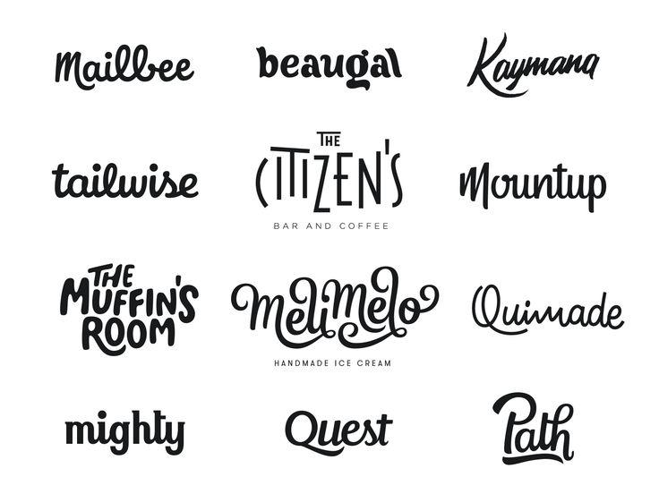 six different type of lettering that are handwritten in black and white, each with the word