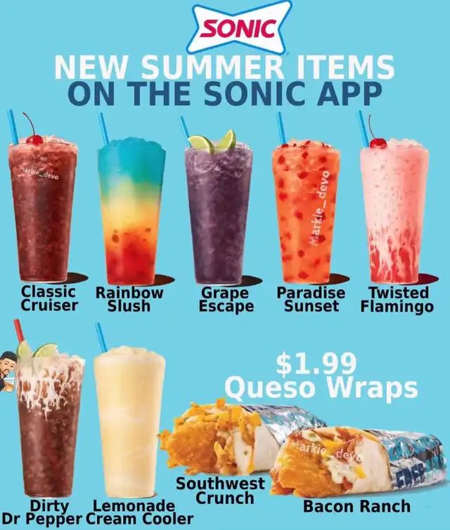 an advertisement for sonic's summer items on the sonic app, which includes frozen drinks and