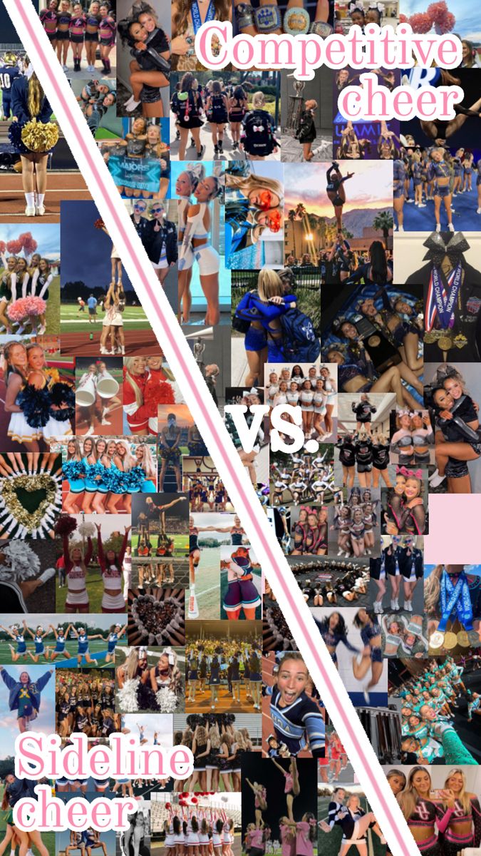 collage of photos with the words competitive after and sideline cheer on it's diagonal strip