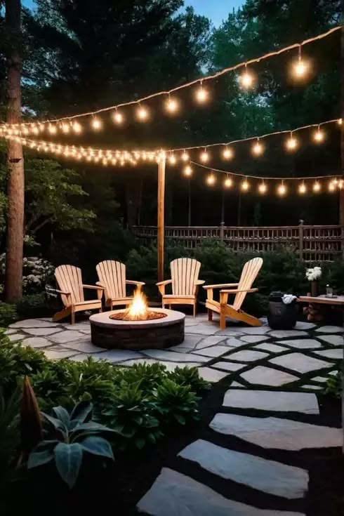 an outdoor fire pit surrounded by chairs and lights