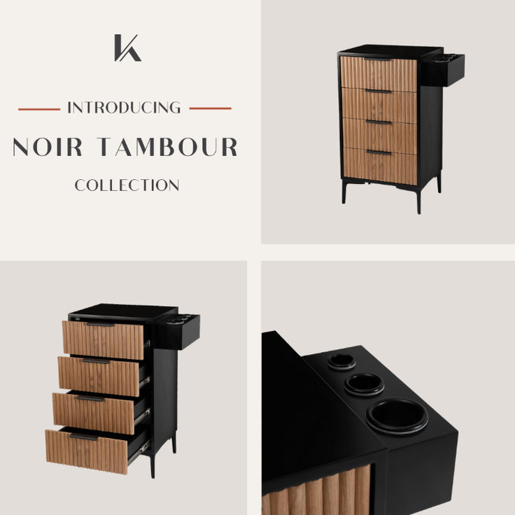 Noir Tambour Black Pulls, Hair Stations, Salon Stations, Styling Stations, Dark Walnut Stain, Salon Equipment, Walnut Stain, Dark Walnut, Beauty Industry