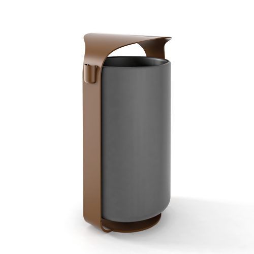 a grey and brown trash can on a white background