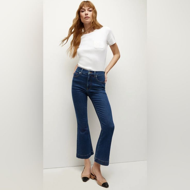 92% Cotton, 6% Elastomer, 2% Elastane Rise 11" | Inseam 28" | Leg Opening 19", Based On A Size 26 Size 30 New With Tags Classic Bright Blue Denim Wash Pink Polka Dot Dress, Grey Trench Coat, Kick Flare Jeans, Raw Hem Jeans, Kick Flares, Veronica Beard, Suit Shop, Polka Dot Dress, Denim Top