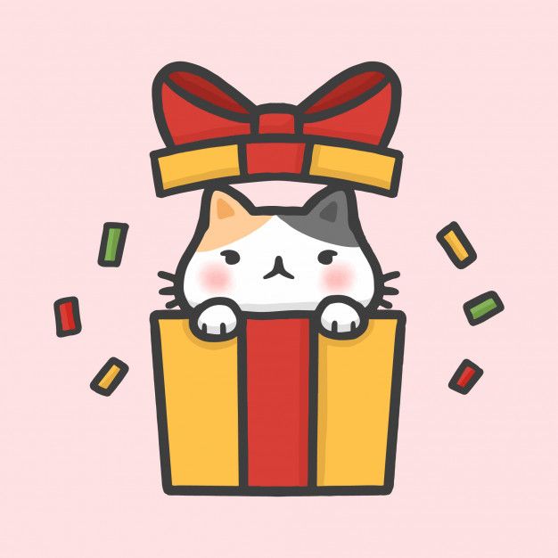 a cat sitting in a box with a red bow on its head and it's eyes closed