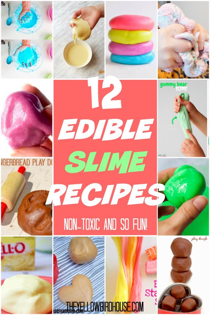 twelve edible slime recipes for kids to make and eat with text overlay that reads 12 edible slime recipes non - toy and so fun