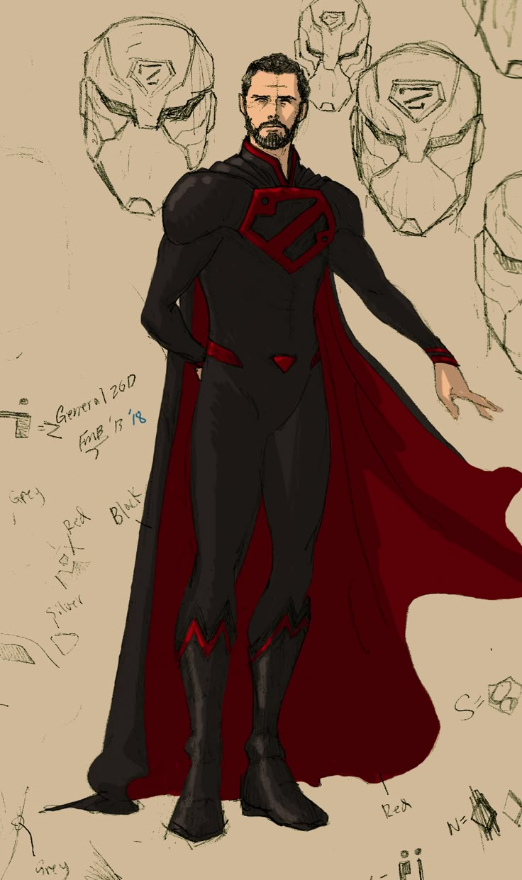 a drawing of a man in a red cape and black suit with his hands on his hips