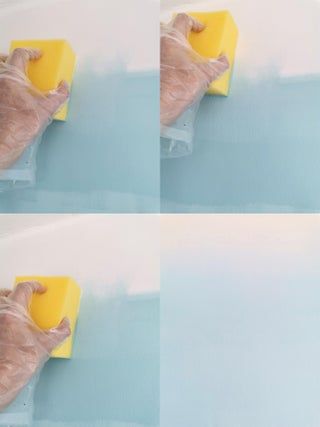 four pictures of someone's hand on a yellow piece of material with blue background