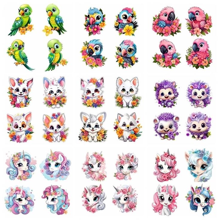 an assortment of stickers with different animals and flowers on them, all in various colors