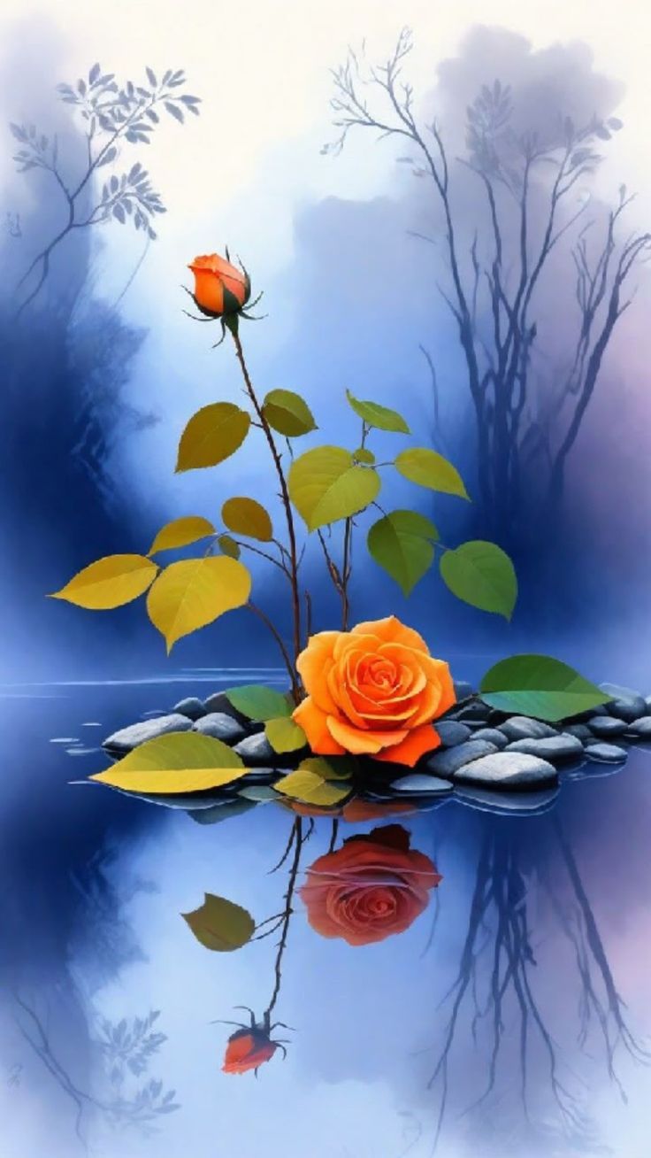 an orange rose sitting on top of a pile of rocks next to a body of water