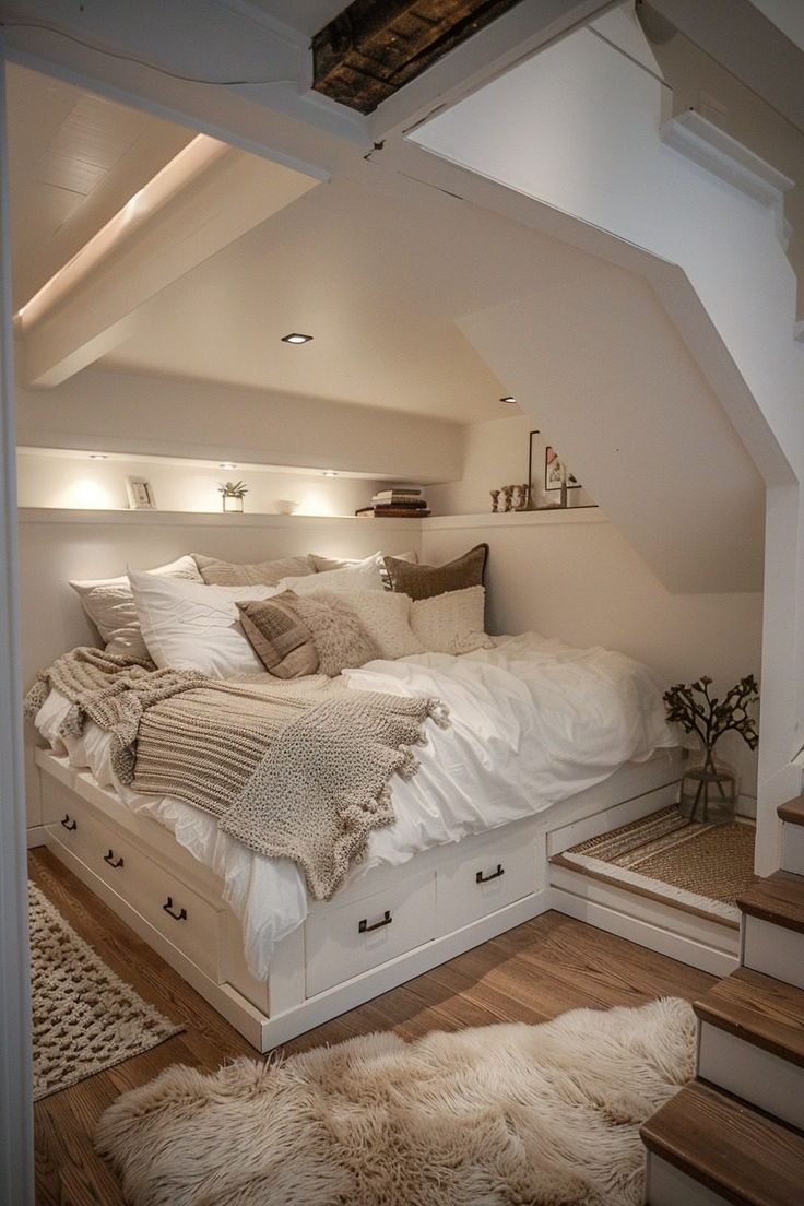 an attic bedroom with white bedding and fur rugs on the wooden flooring