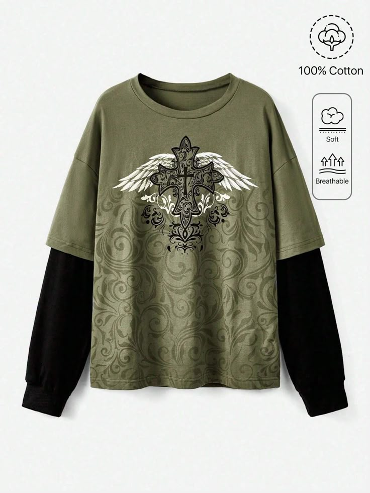 Women's Color Block Wing Pattern Drop Shoulder Long Sleeve 2 In 1 T-Shirt, School Army Green Casual  Long Sleeve Fabric Halloween  Slight Stretch  Women Clothing, size features are:Bust: ,Length: ,Sleeve Length: Emo Shirts, Wing Pattern, Punk Woman, Baggy T-shirt, Punk Shirt, Grunge Shirt, Things I Need To Buy, Punk Outfits, Swaggy Outfits