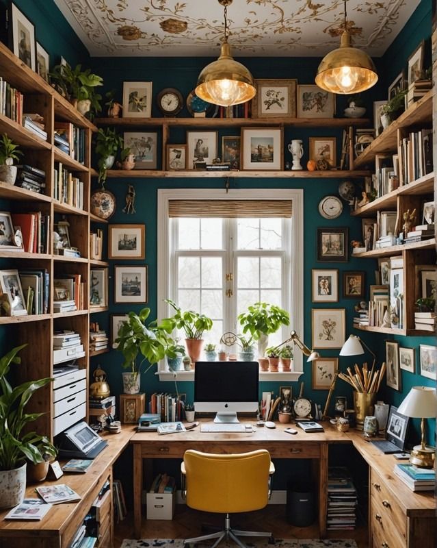 a home office with lots of bookshelves and plants