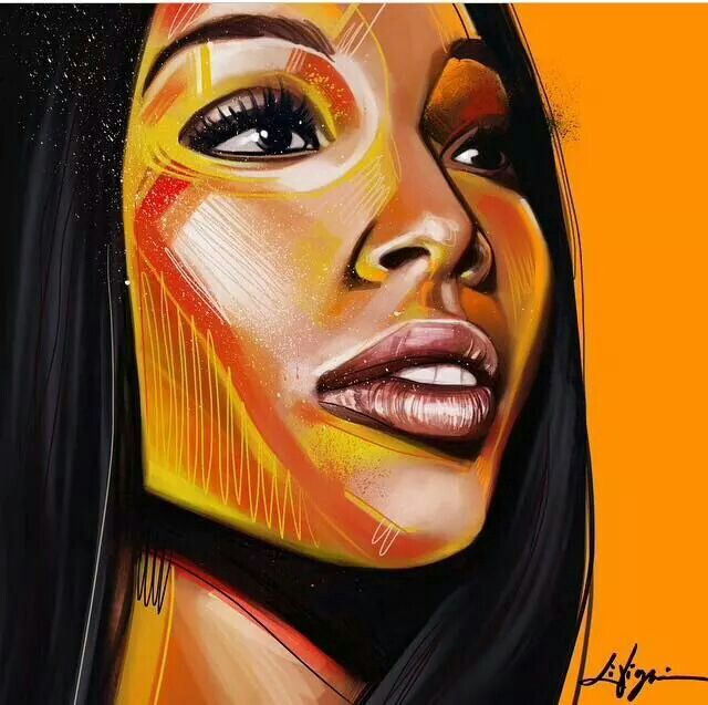 a painting of a woman's face with orange and yellow paint on it,