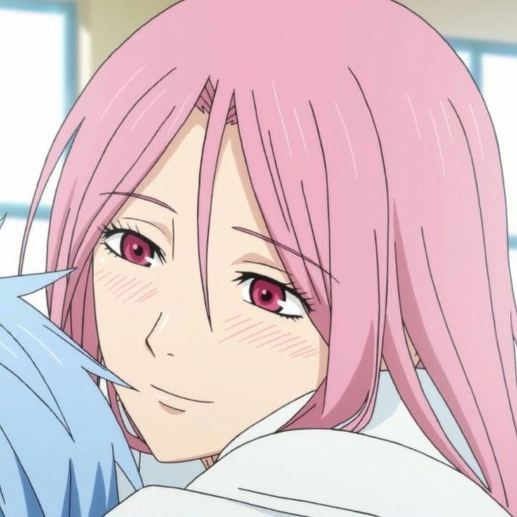 an anime character with pink hair and red eyes holding onto another person's shoulder