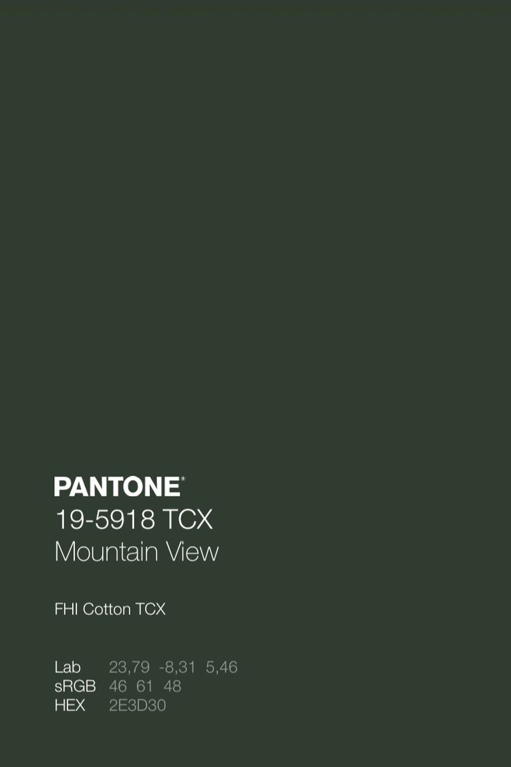 the pantone mountain view color swatch is shown in dark green, with black and white