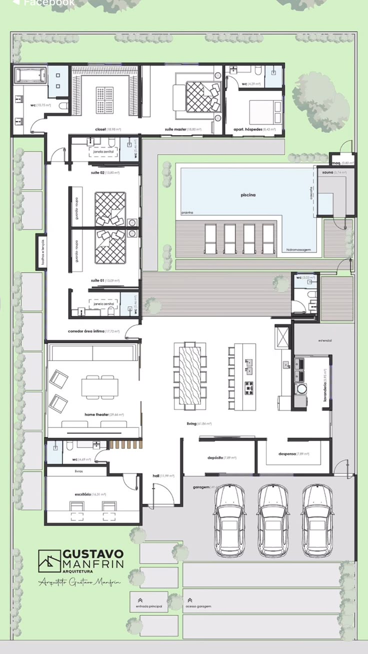 the floor plan for a house with two car garages and an attached swimming pool