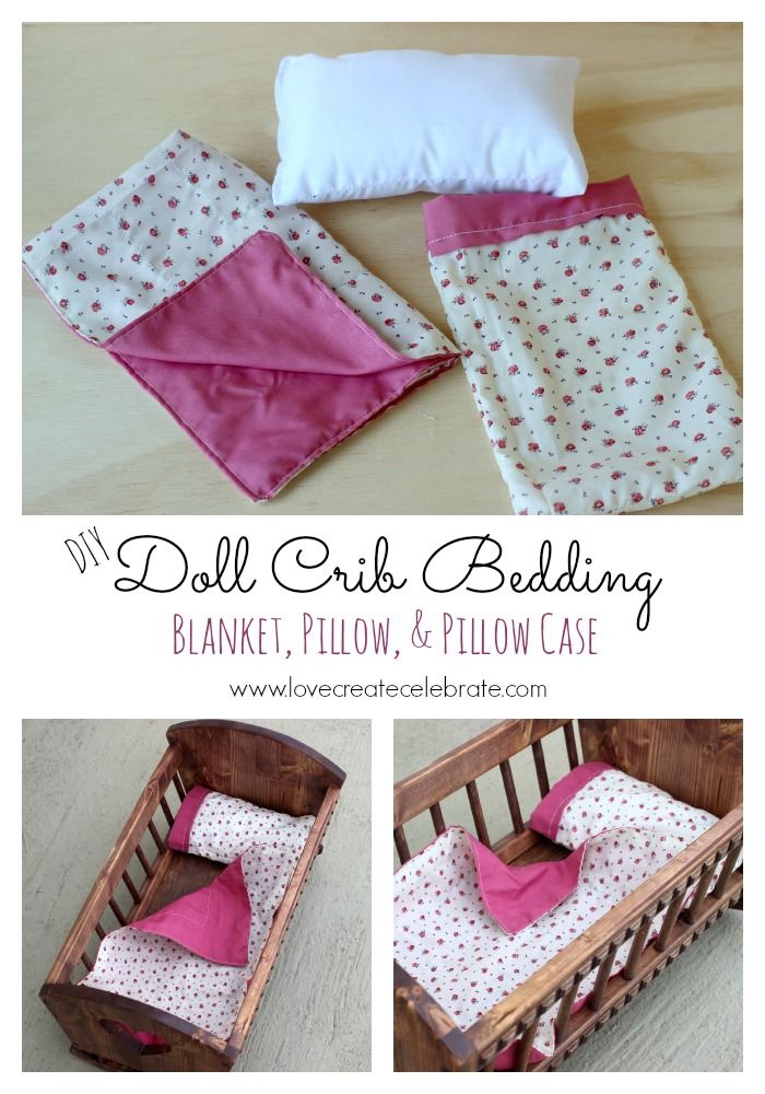 the doll crib bedding is made with pink and white polka dot sheets, pillow cases