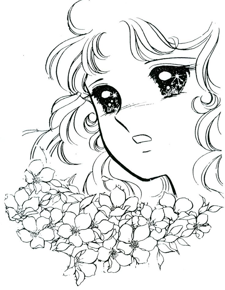 a drawing of a girl with flowers in her hair and eyes, looking at the camera