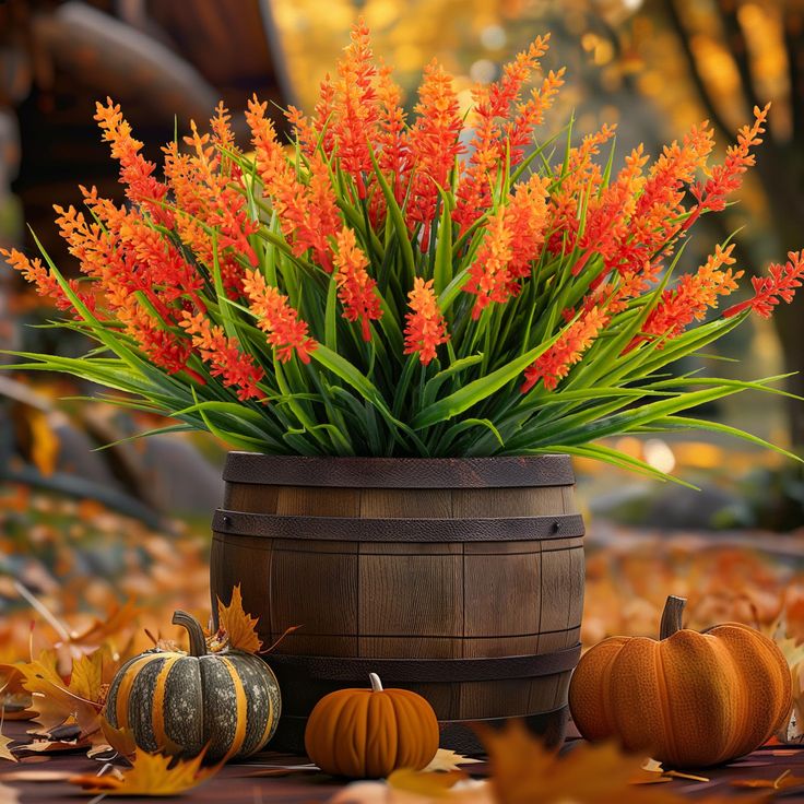 a wooden barrel filled with lots of orange flowers