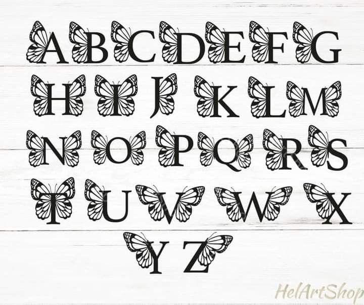 an alphabet with butterflies on it and the letters in black are drawn to look like they have