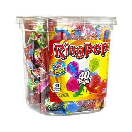 ringpop candy in a plastic container with the lid open to reveal it's contents