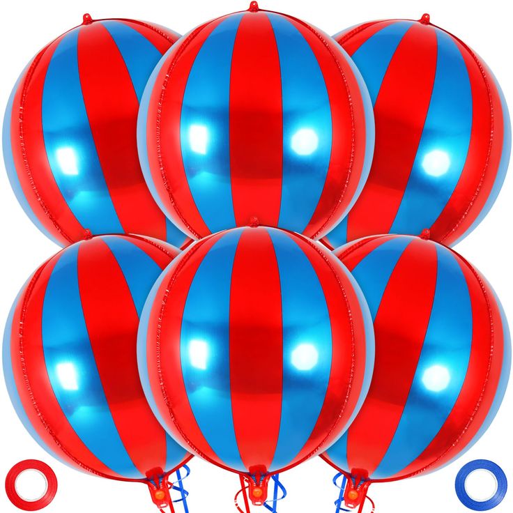 six red and blue balloons are in the shape of a ballon with numbers on it