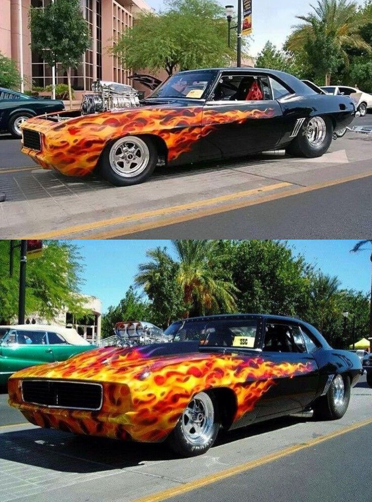 two pictures of cars with flames painted on the hoods and side by side in different directions