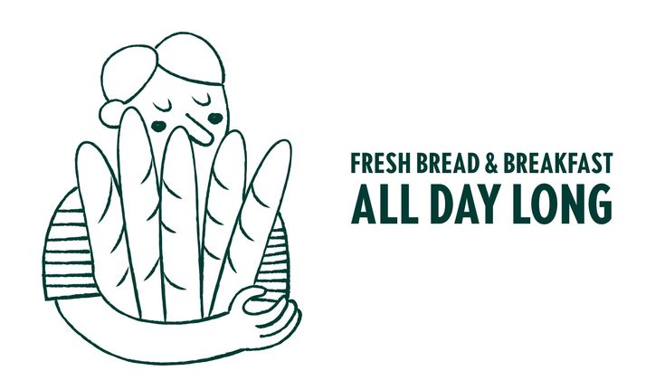 fresh bread and breakfast all day long with the words fresh bread and breakfast all day long