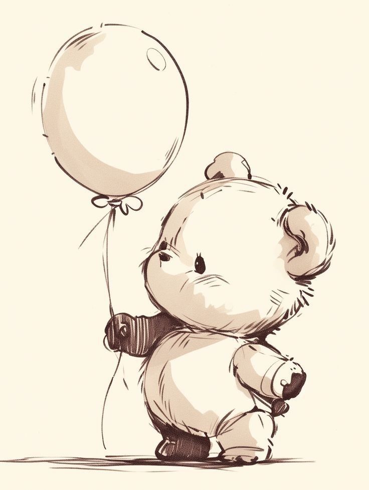 a drawing of a teddy bear with a balloon attached to it's back, sitting on the ground