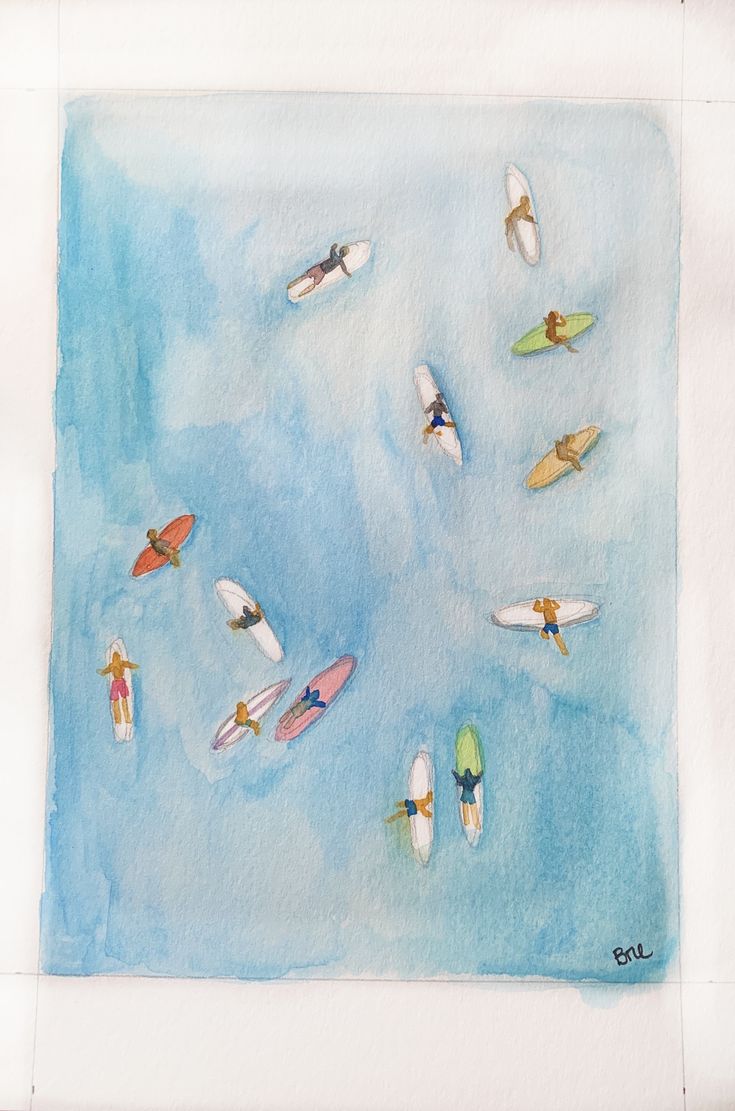 watercolor painting of surfers and surfboards in the ocean