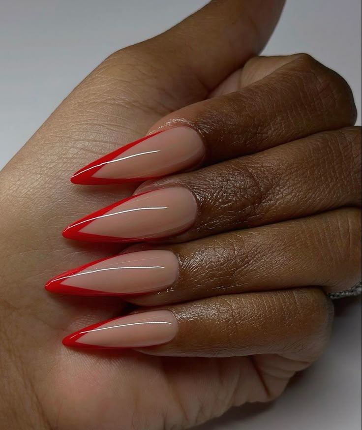 Red Stilleto French Tip, Red Bottom French Tip Nails, Red French Tip Nails Stiletto, Nude And Red Nail Designs, Stilleto Nail Idea, Scrub Outfits, Red Nail Theory, Nails Aesthetics, Nail Theory