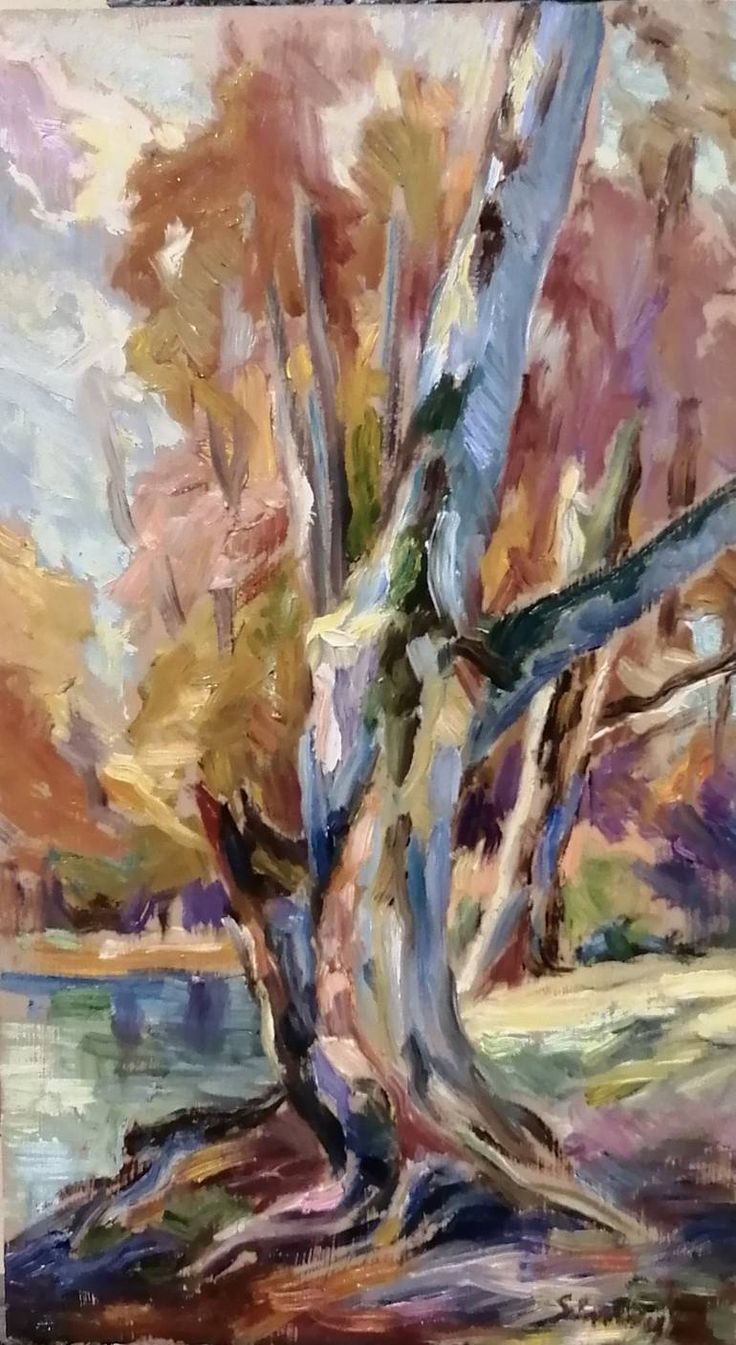 an oil painting of a tree by the water