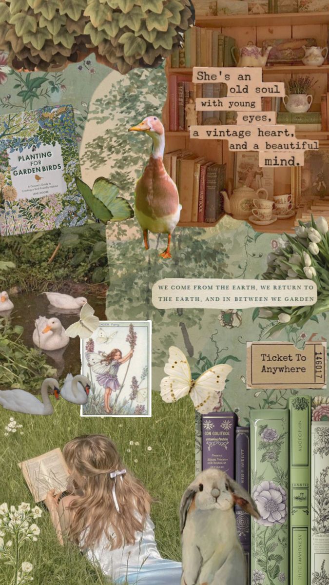 a collage of books, flowers, and animals with words written on the pages