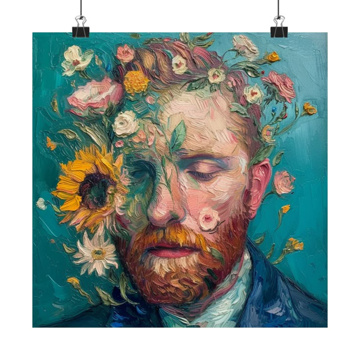 a painting of a man with sunflowers on his head and beard, against a blue background