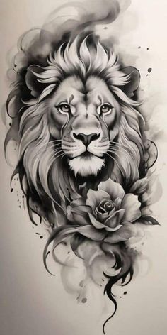 a black and white drawing of a lion with roses on it's chest,