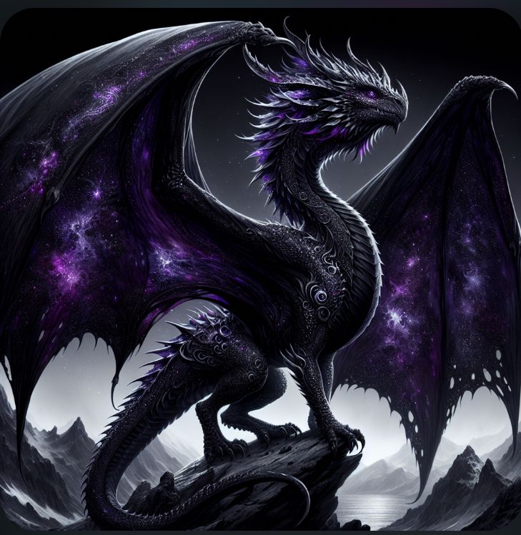 a black and purple dragon sitting on top of a rock in front of some mountains