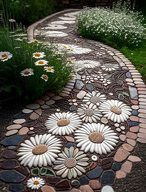 a stone path with flowers painted on it