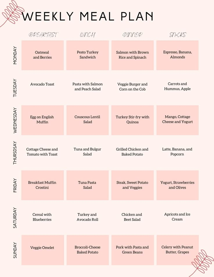 the weekly meal plan is shown in pink