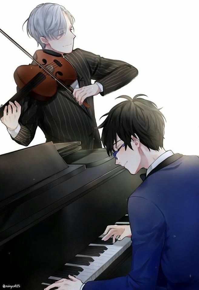 two anime guys playing the piano and violin