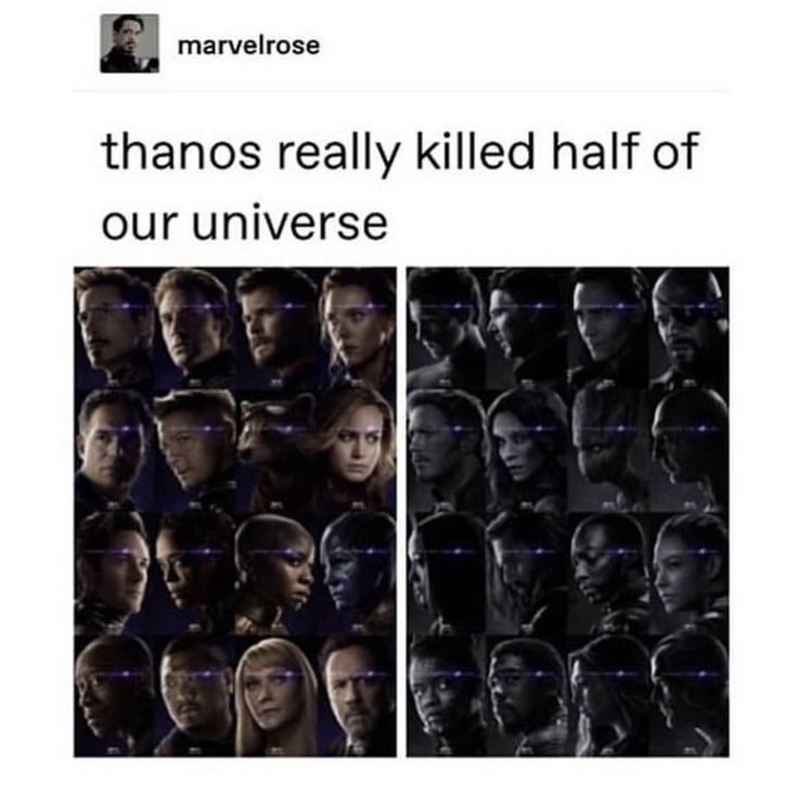 an image of many people with their faces in the same photo and text that reads, thanos really killed half of our universe