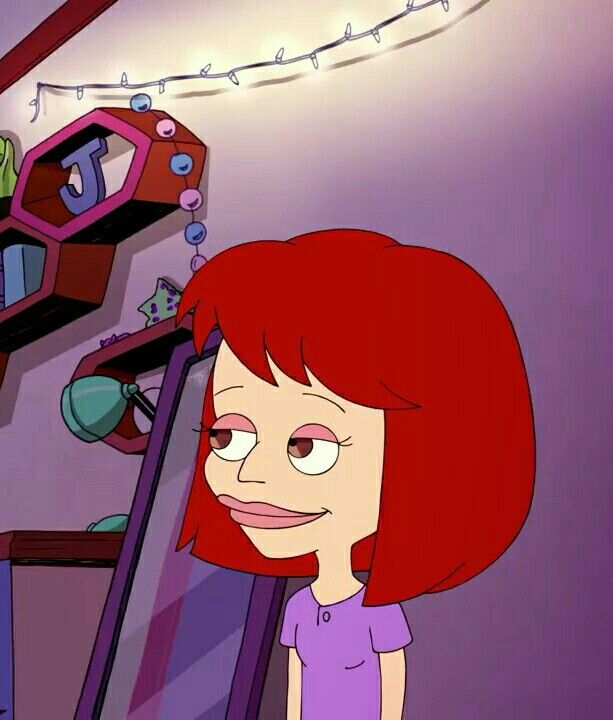 a cartoon girl with red hair standing in front of a mirror