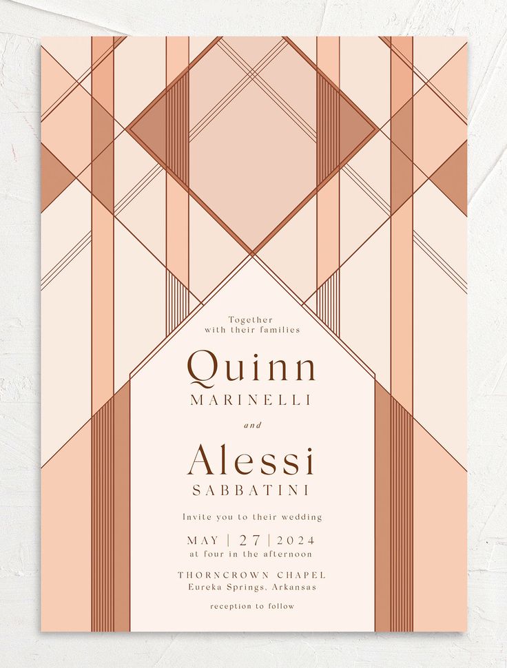 a wedding card with an abstract geometric design in peach and beige colors, on a white background