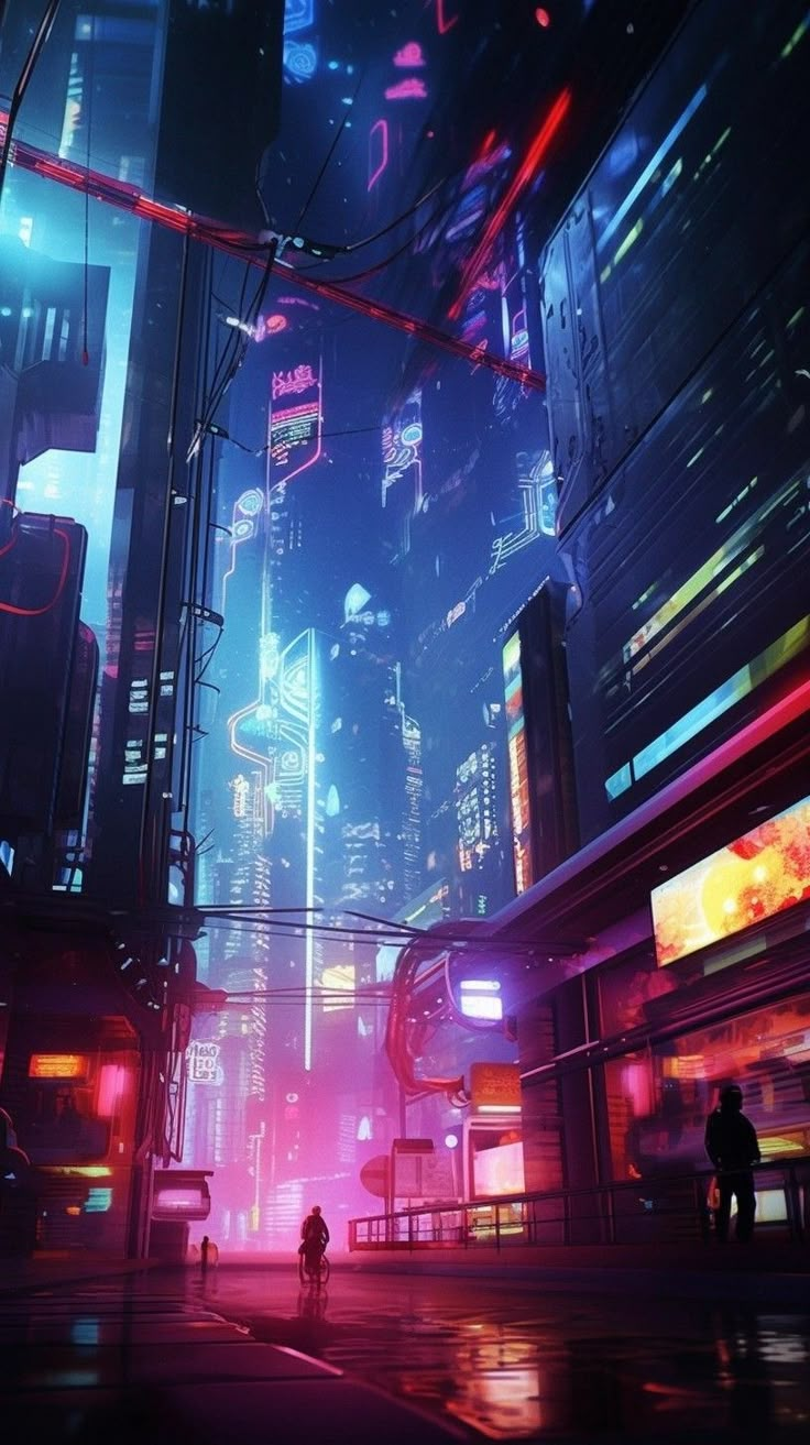 a futuristic city at night with neon lights