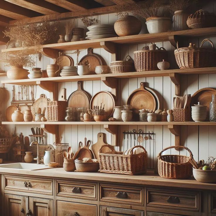 an old fashioned kitchen with wooden shelves filled with dishes