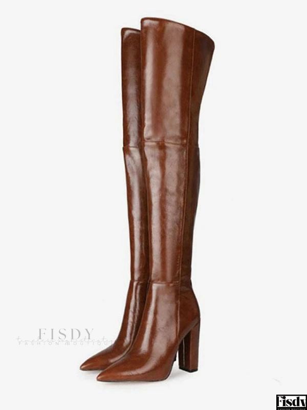 Fisdy - Clásico Negro puntiagudo del muslo botas altas para las mujeres - Elegante cuero de la PU - Talón robusto Chunky Thigh High Black Boots, Womens Thigh High Boots, Chunky Heeled Boots, Leather Thigh High Boots, Black Thigh High, Deep Brown, Wide Boots, Brown Leather Boots, Boots For Women