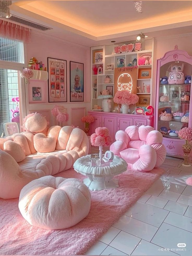 a room with pink furniture and pictures on the walls